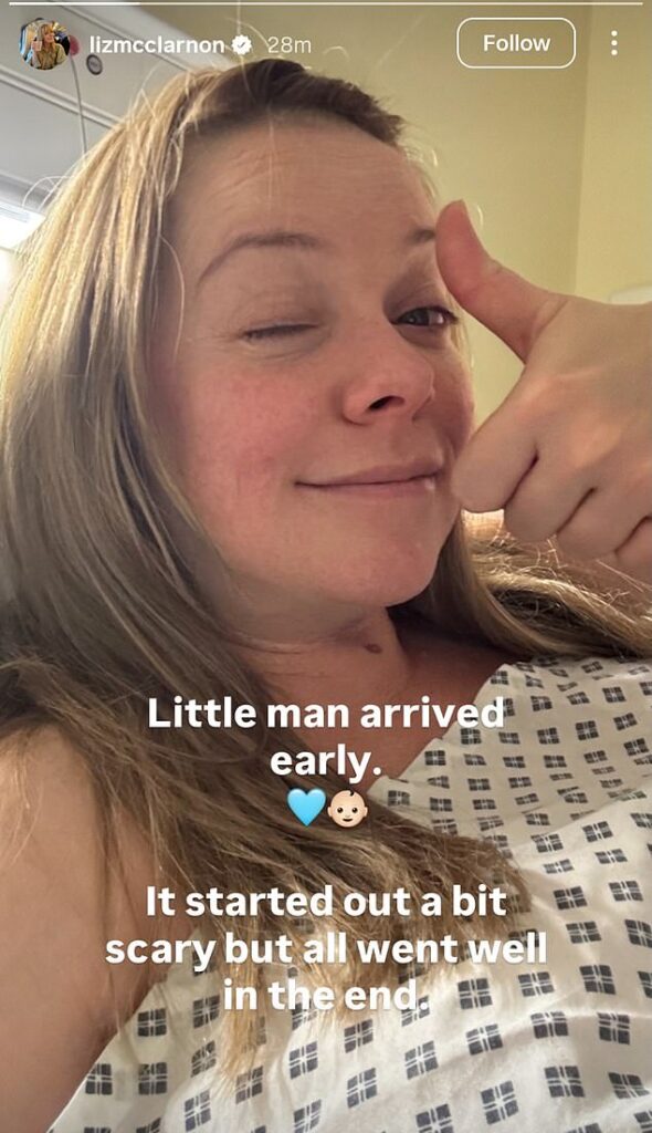Liz McClarnon has welcomed her first child with her husband Peter Cho after years of 'painful IVF', sharing a thumbs up selfie from hospital on Sunday